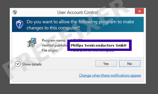 Screenshot where Philips Semiconductors GmbH appears as the verified publisher in the UAC dialog